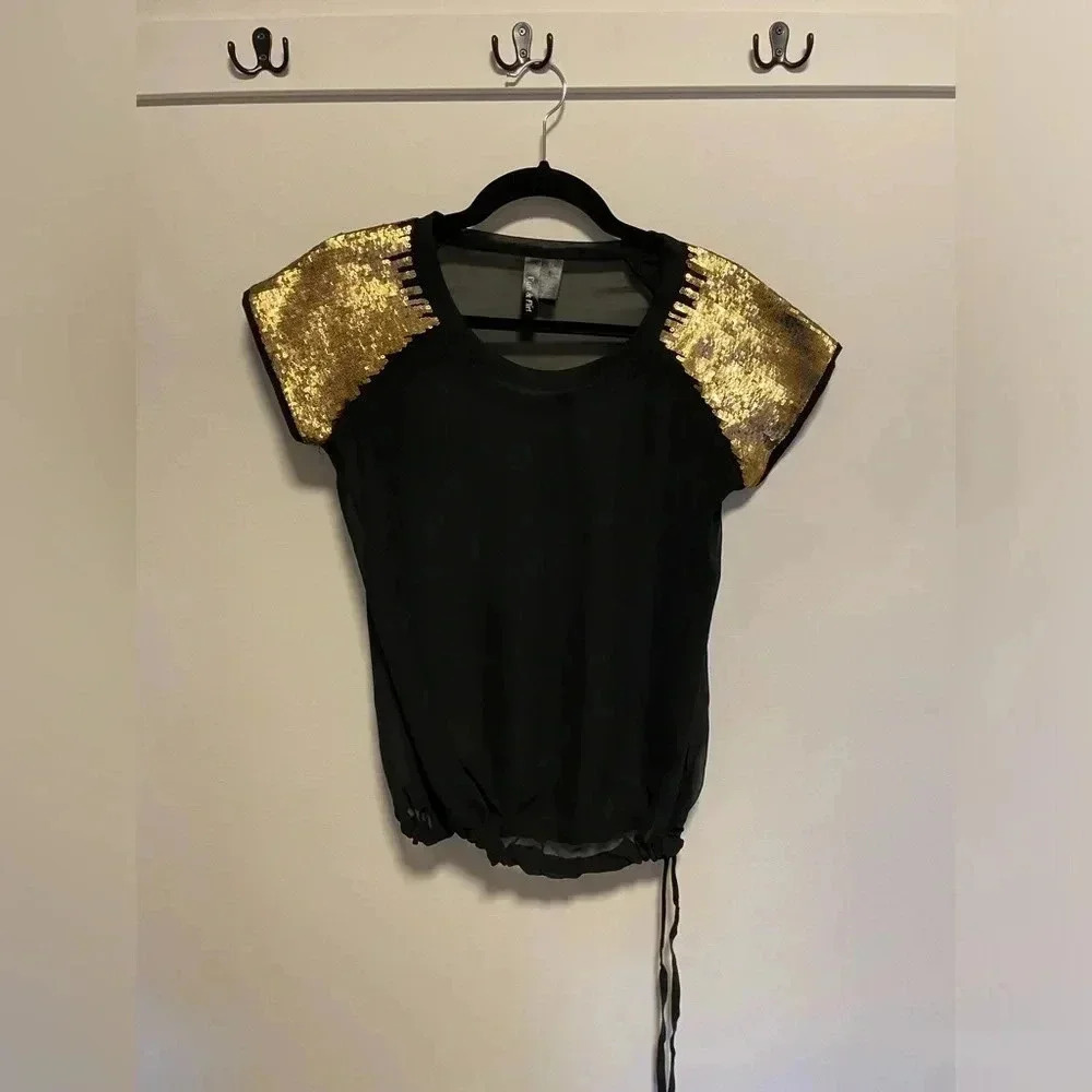 Fun & Flirt gold and black  sheer blouse women’s M